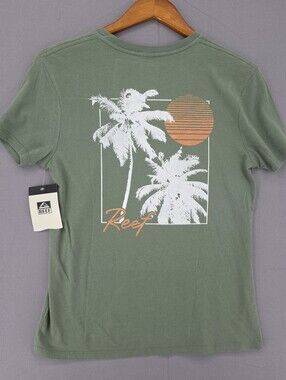 Reef Olive Green Palm Graphic Short Sleeve Tee with Orange Sun